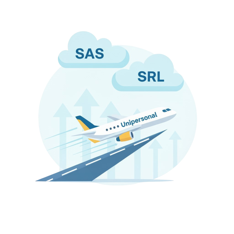 Un imagen de un avión que representa la Unipersonal, llegando a las nubes de SAS y SRL cuando crezca el negocio.