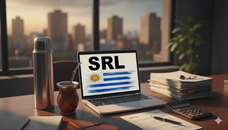 La escena de una Sociedad de Responsabilidad Limitada - SRL en Uruguay, una laptop, un termo y mate y la ciudad de fondo.