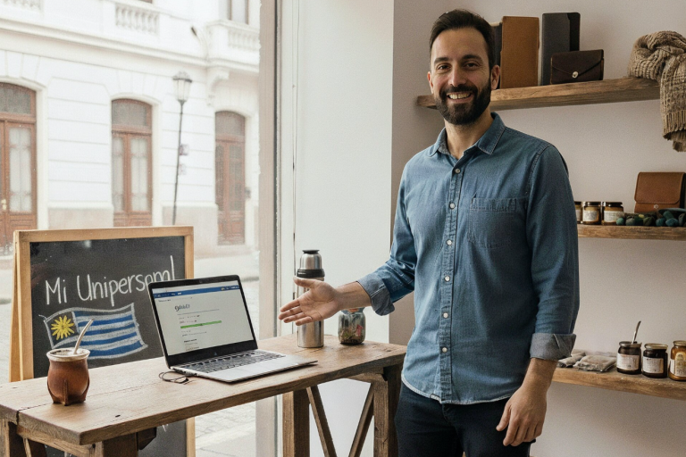 Un hombre sonriendo a la cámara en su negocio Unipersonal, con su laptop y un pizarrón con la bandera de Uruguay